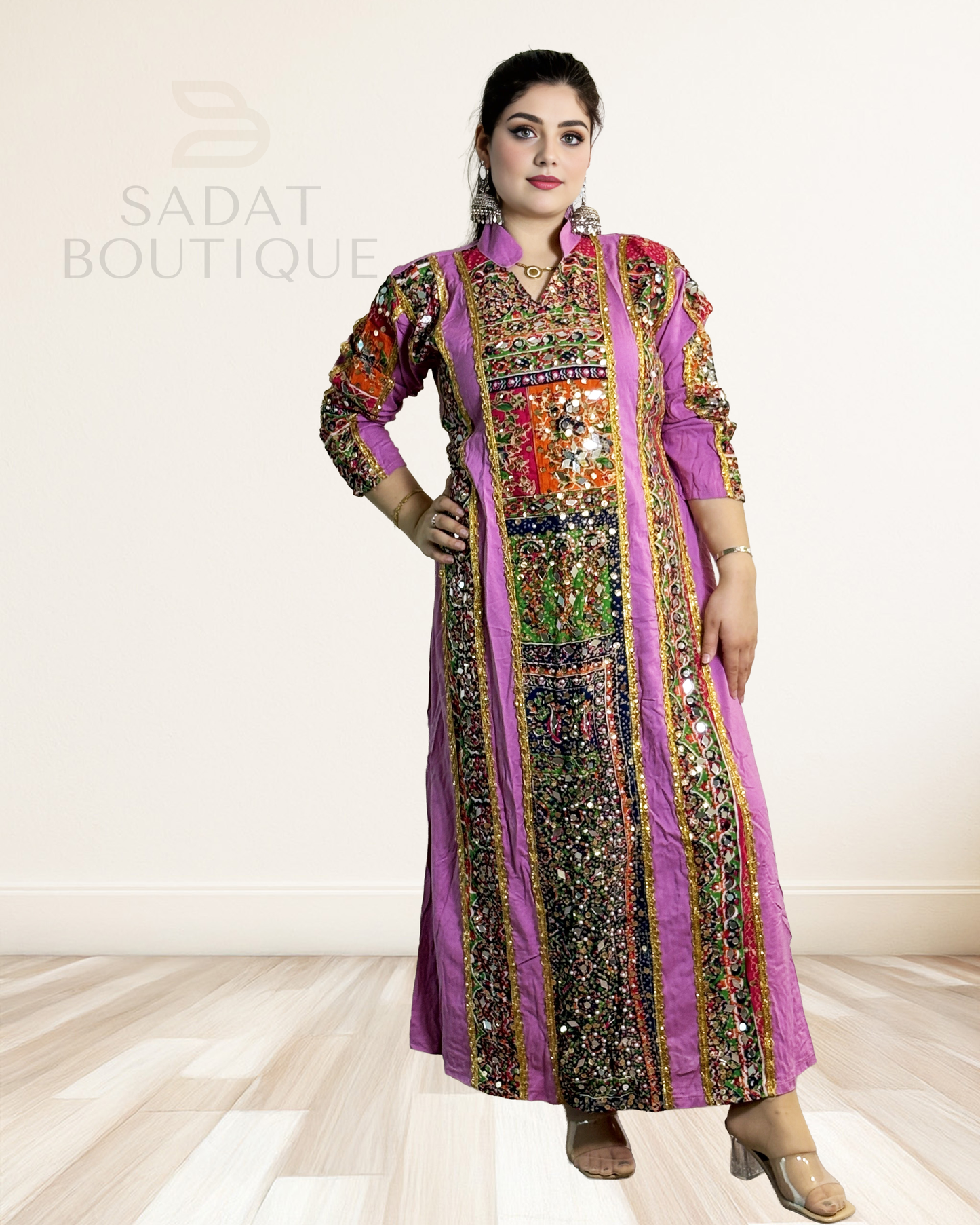 Handcrafted Mirrorwork Traditional Dress – Pink & Multicolor Embroidery Sadat Boutique