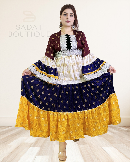 Afghan Traditional Dress – Burgundy, Ivory & Gold Multi-Tone | Sadat Boutique Sadat Boutique