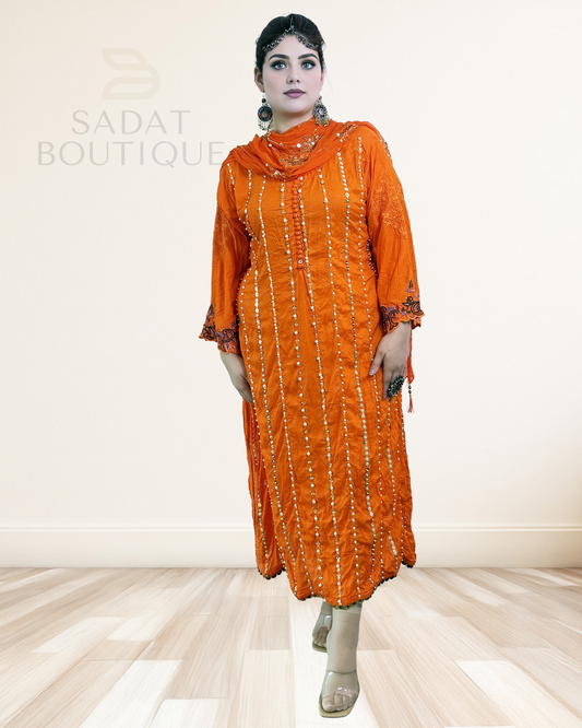 Afghan Traditional Dress – Radiant Orange with Mirrorwork | Sadat Boutique Sadat Boutique