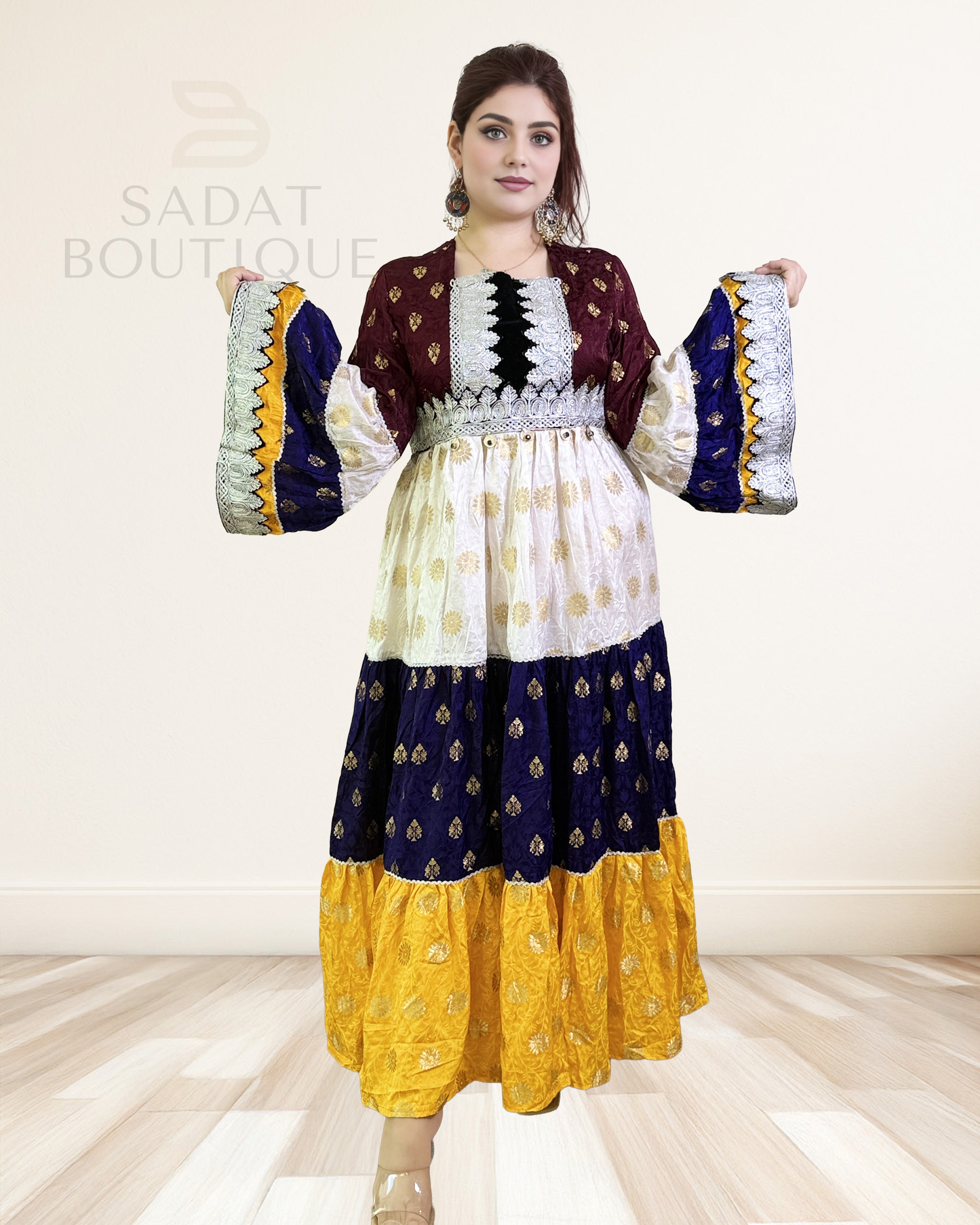 Afghan Traditional Dress – Burgundy, Ivory & Gold Multi-Tone | Sadat Boutique Sadat Boutique
