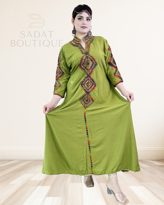 Traditional Dress – Olive Green with Geometric Embroidery | Sadat Boutique Sadat Boutique
