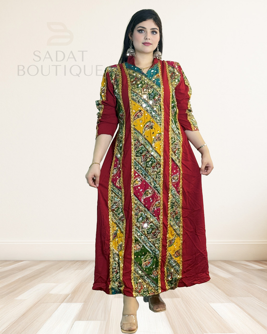 Handcrafted Mirrorwork Traditional Dress – Red & Multicolor Panels Sadat Boutique