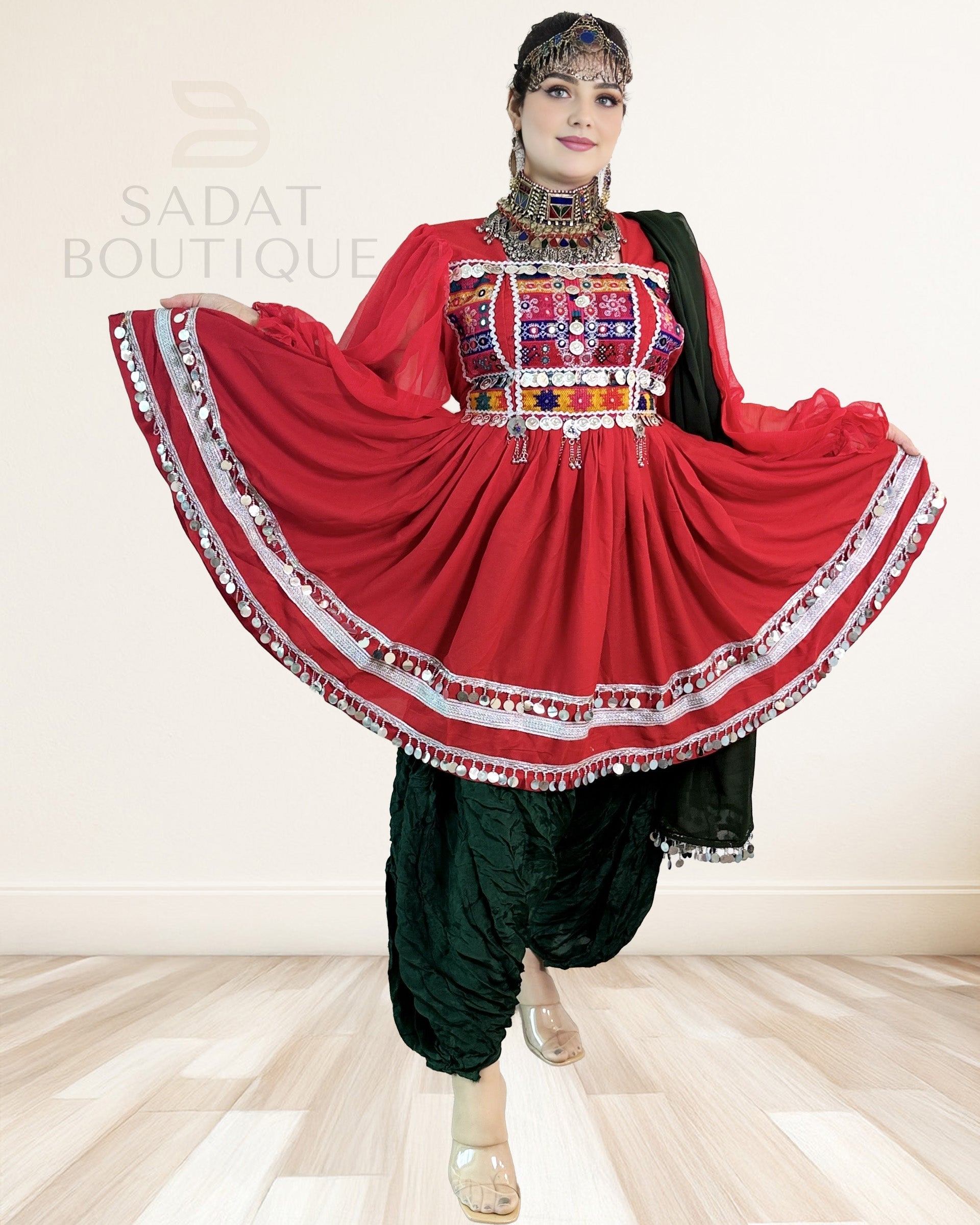 Red Kuchi Embroidered Kurti with Patiala Salwar & Mirror-Coin Dupatta – 3-Piece Sadat Boutique