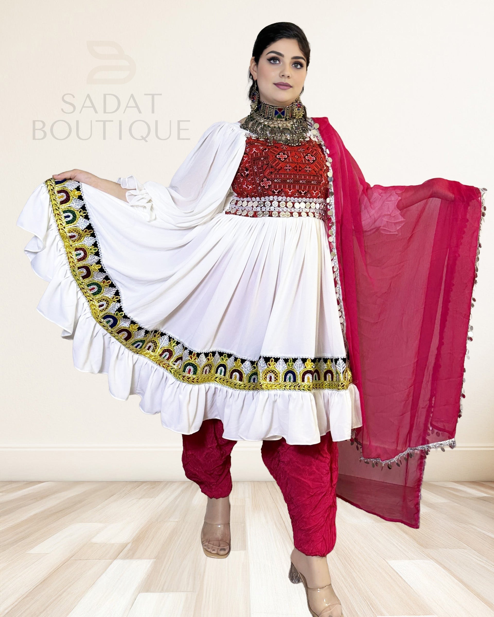 Ivory–Crimson Afghan Kuchi Set Sadat Boutique