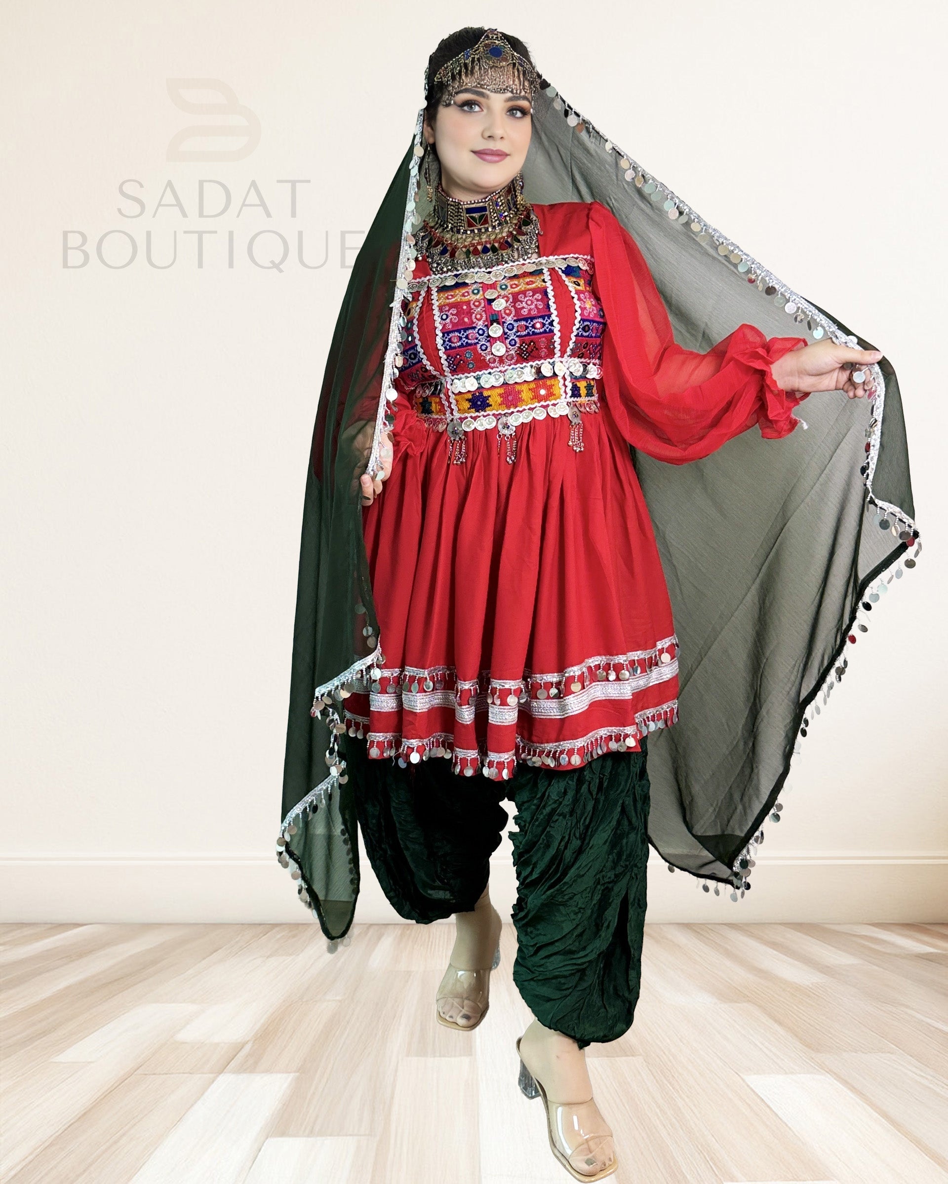 Red Kuchi Embroidered Kurti with Patiala Salwar & Mirror-Coin Dupatta – 3-Piece Sadat Boutique