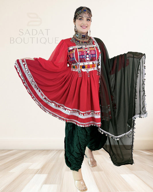 Red Kuchi Embroidered Kurti with Patiala Salwar & Mirror-Coin Dupatta – 3-Piece Sadat Boutique