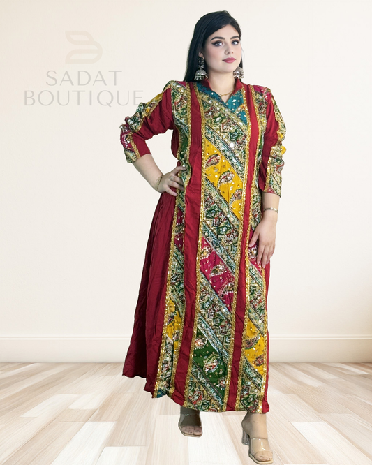 Handcrafted Mirrorwork Traditional Dress – Red & Multicolor Panels Sadat Boutique