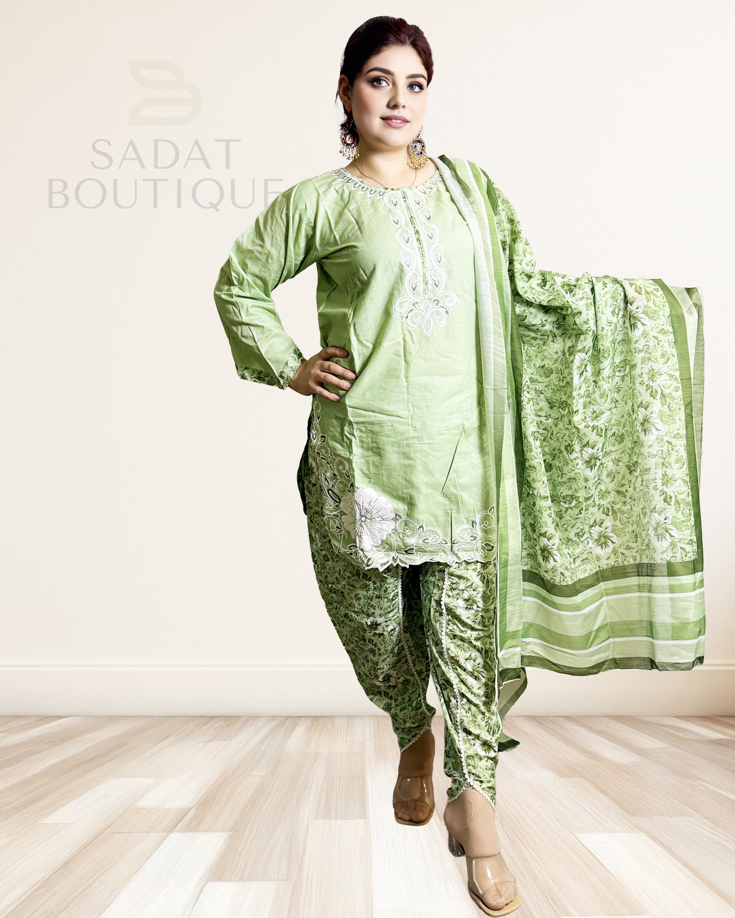 Traditional Dress – Pastel Green with White Embroidery | Sadat Boutique Sadat Boutique
