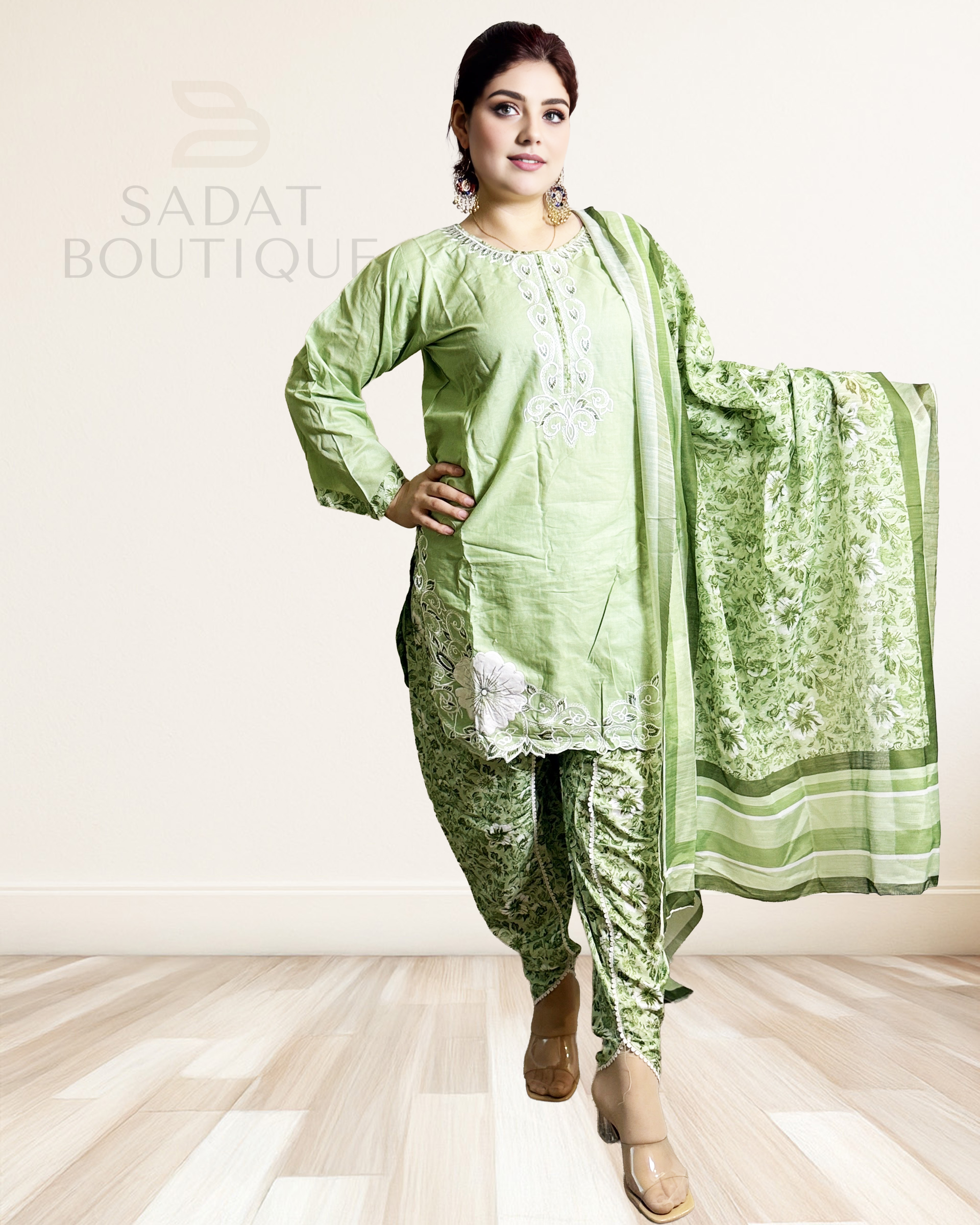 Traditional Dress – Pastel Green with White Embroidery | Sadat Boutique Sadat Boutique