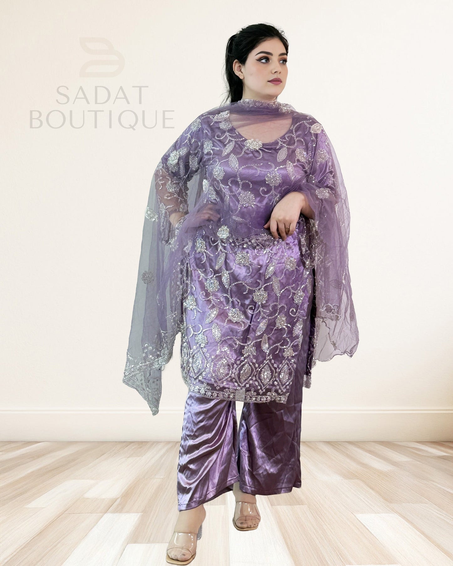 Lavender Embroidered Net Kurti Set with Tulip Shalwar – 3-Piece Sadat Boutique