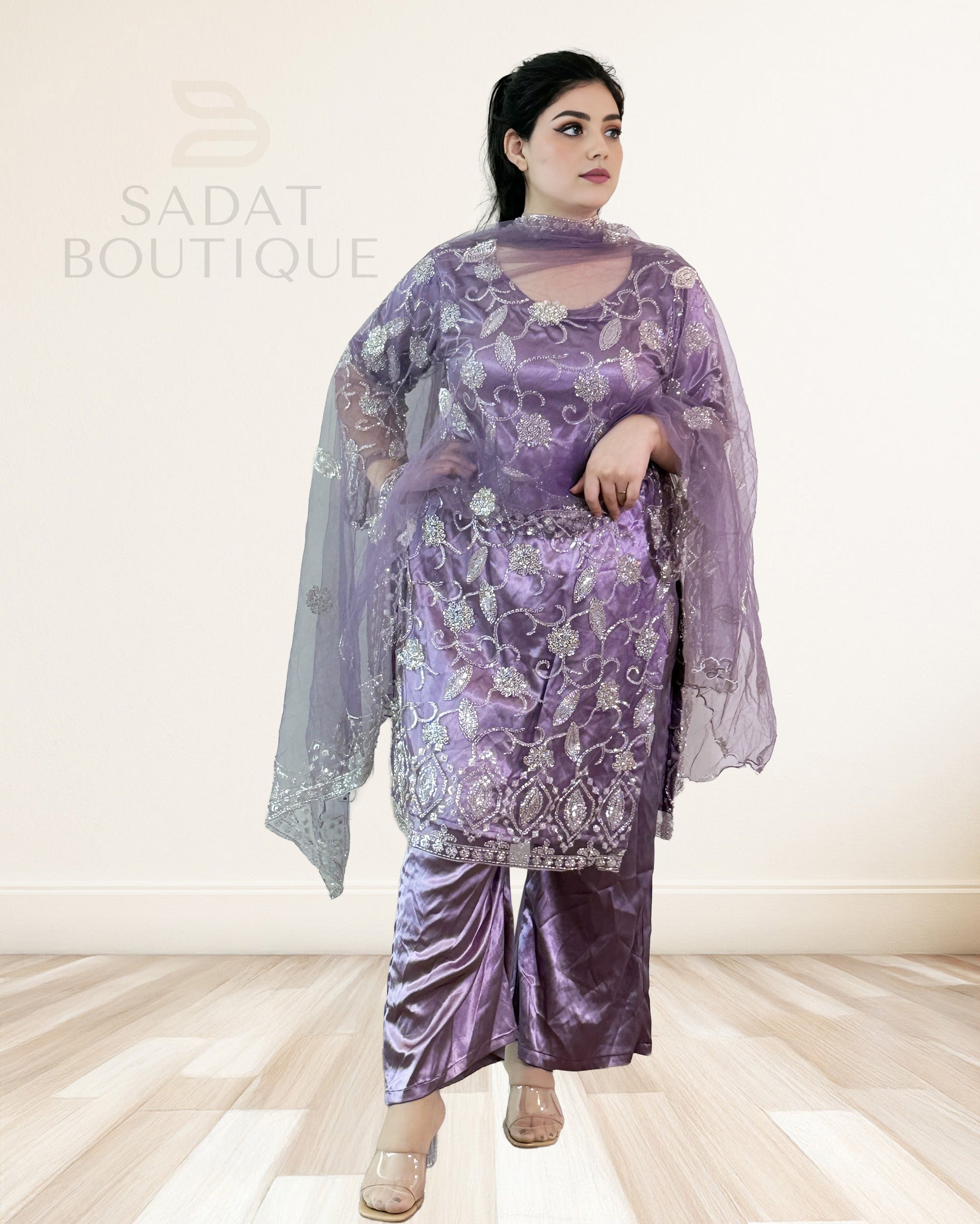Lavender Embroidered Net Kurti Set with Tulip Shalwar – 3-Piece Sadat Boutique