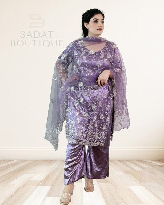 Lavender Embroidered Net Kurti Set with Tulip Shalwar – 3-Piece Sadat Boutique