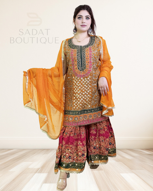 Luxury Dress – Golden Orange with Embroidered Sharara | Sadat Boutique Sadat Boutique
