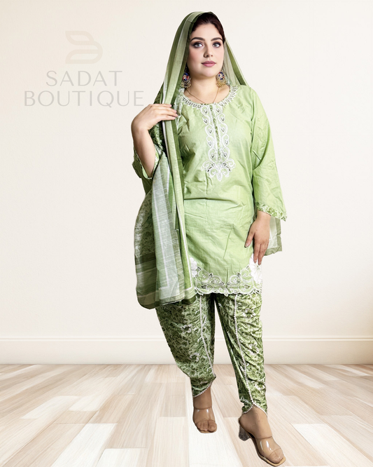 Traditional Dress – Pastel Green with White Embroidery | Sadat Boutique Sadat Boutique