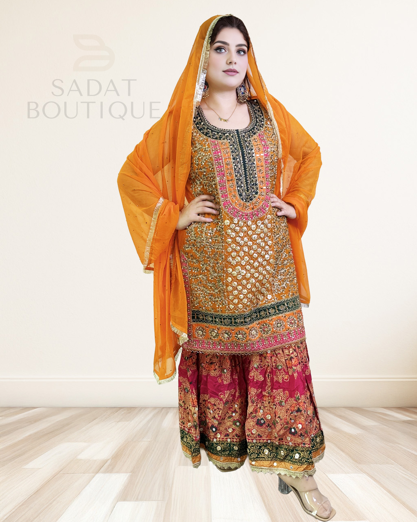 Luxury Dress – Golden Orange with Embroidered Sharara | Sadat Boutique Sadat Boutique