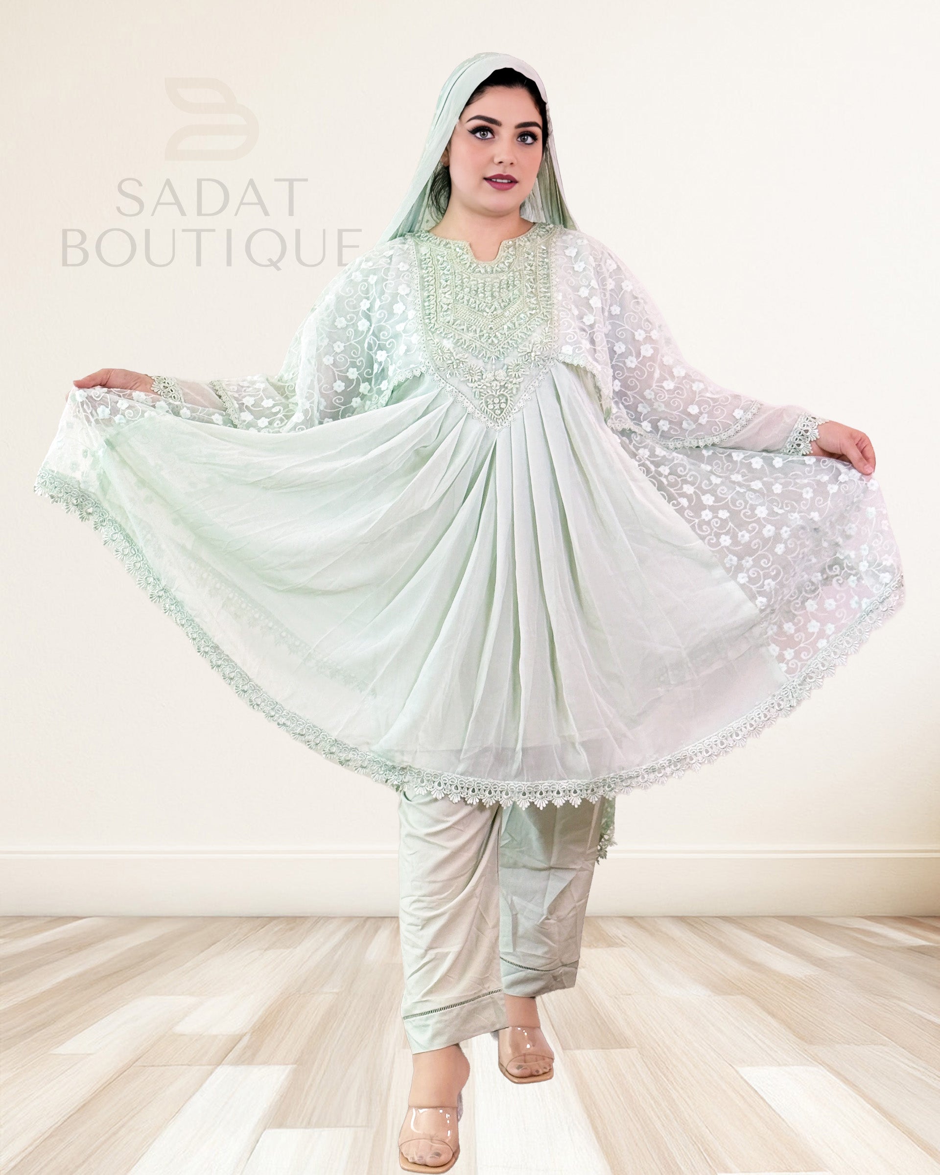 Mint Sage Embroidered Cape Kurti Set – 3-Piece Sadat Boutique