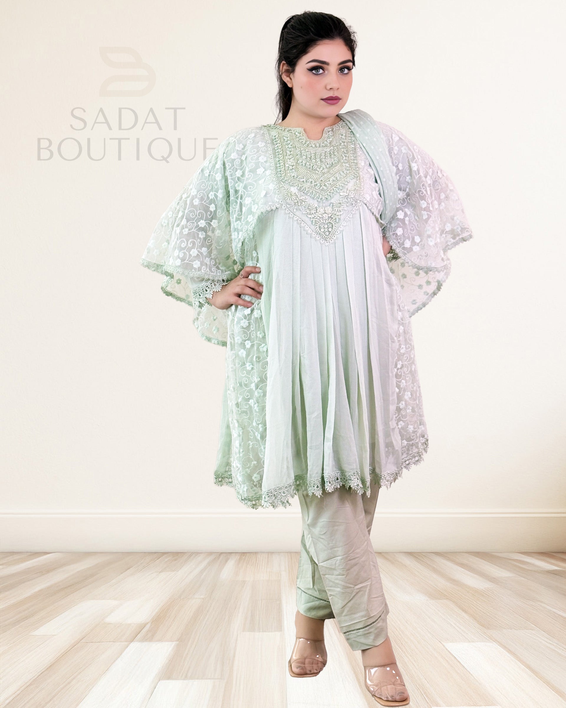 Mint Sage Embroidered Cape Kurti Set – 3-Piece Sadat Boutique