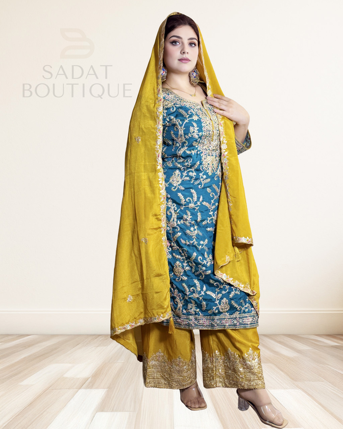 Traditional Dress – Teal Blue & Mustard with Gold Embroidery | Sadat Boutique