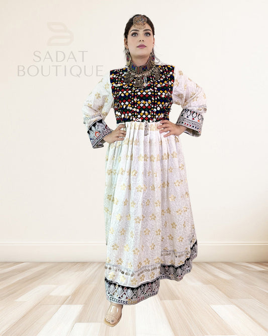 Ivory & Gold Afghan Mirrorwork Maxi Sadat Boutique