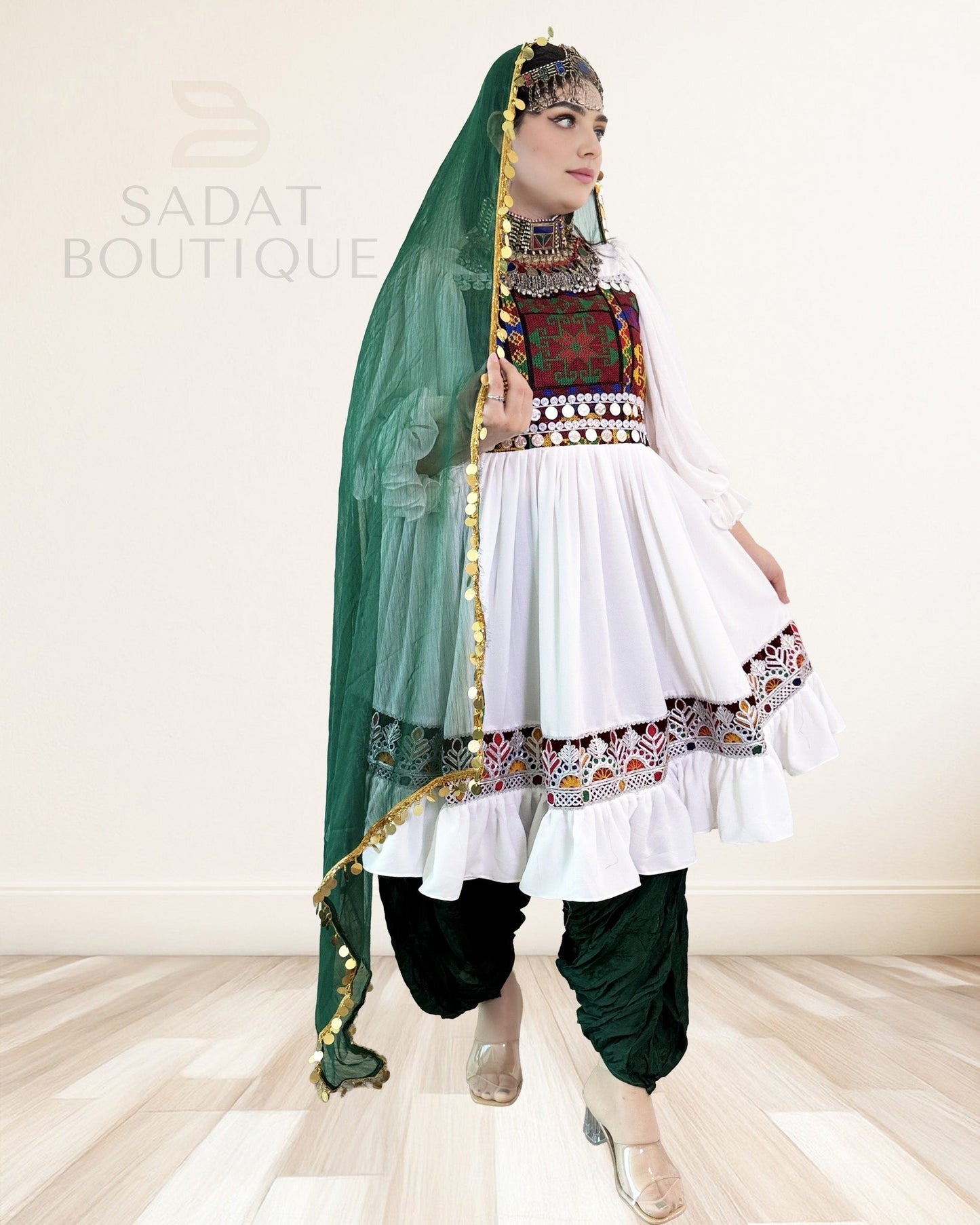 White Kuchi Embroidered Flared Kurti with Patiala Salwar & Mirror-Coin Dupatta – 3-Piece Sadat Boutique