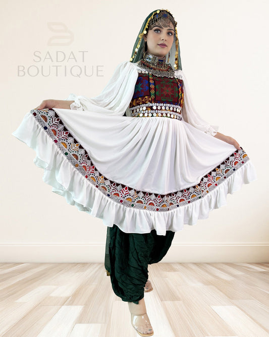 White Kuchi Embroidered Flared Kurti with Patiala Salwar & Mirror-Coin Dupatta – 3-Piece Sadat Boutique