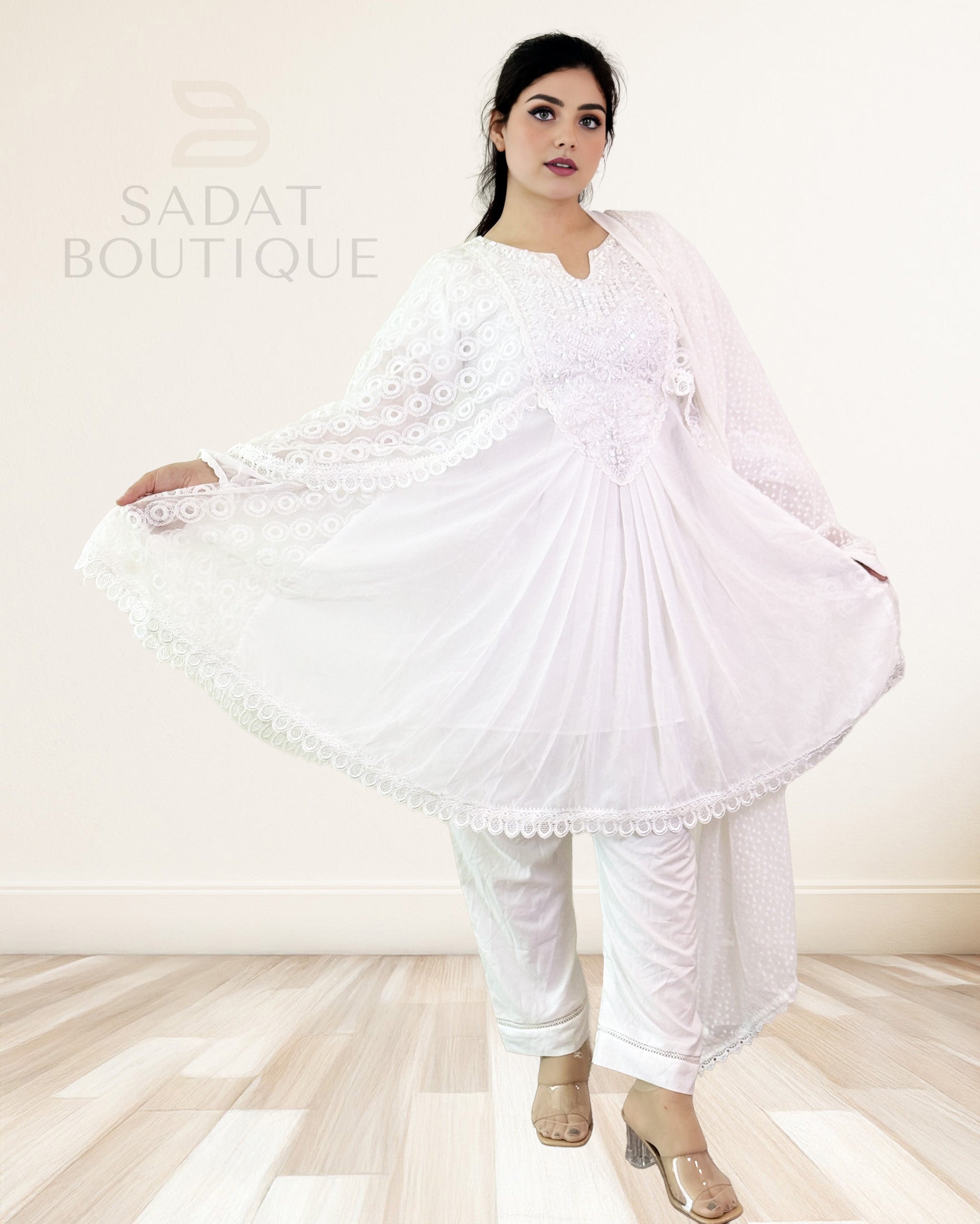 Pure White Embroidered Cape Kurti Set – 3-Piece Sadat Boutique