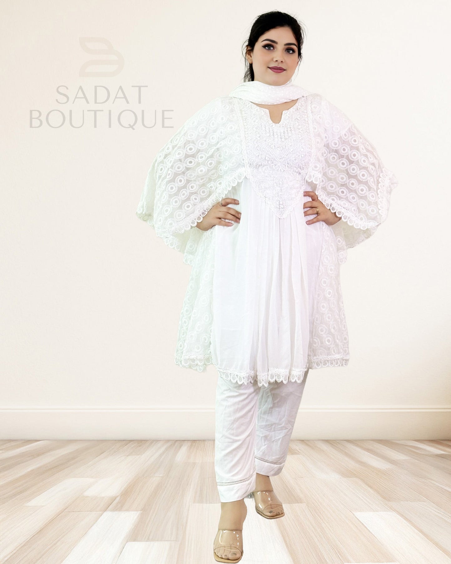 Pure White Embroidered Cape Kurti Set – 3-Piece Sadat Boutique