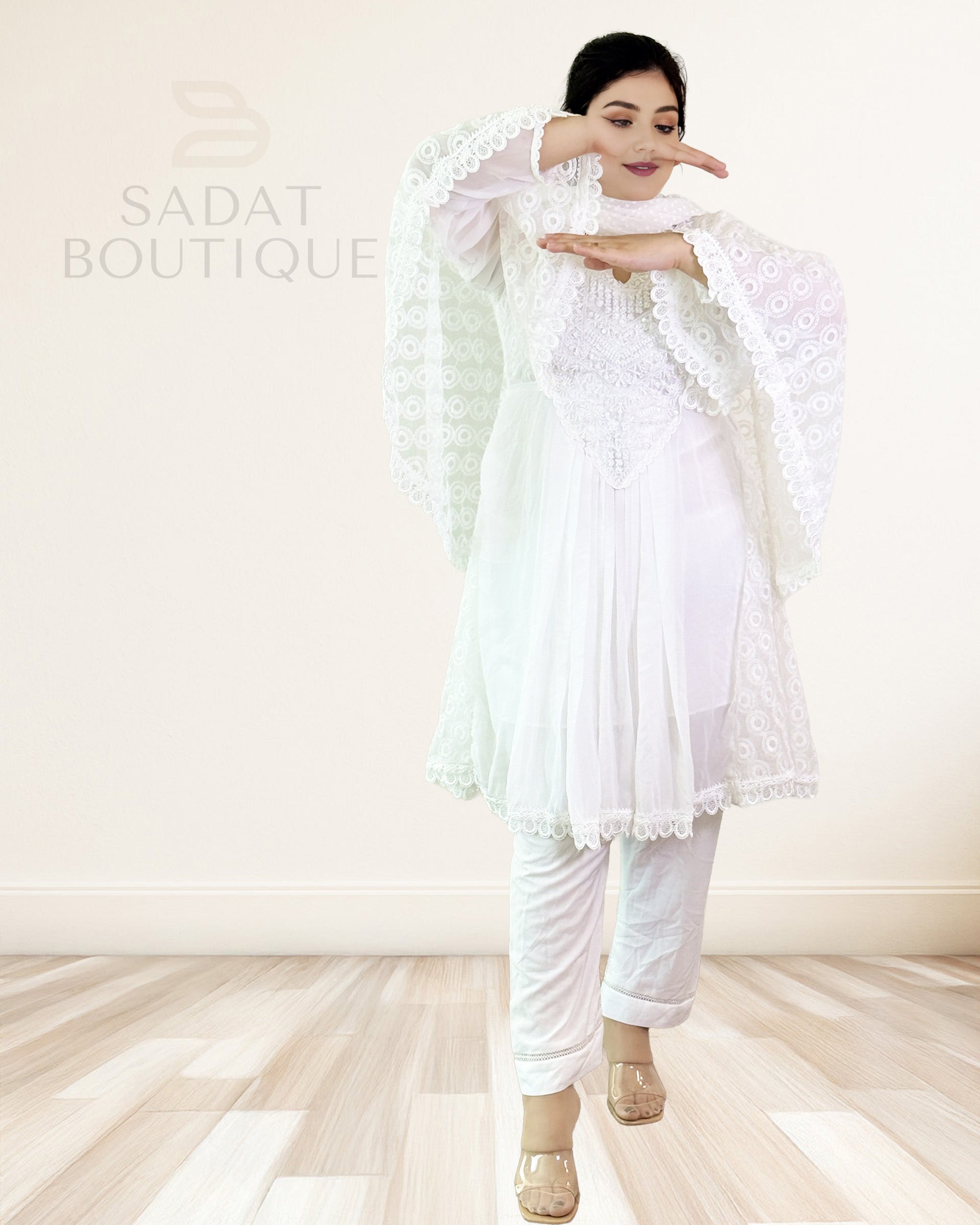 Pure White Embroidered Cape Kurti Set – 3-Piece Sadat Boutique