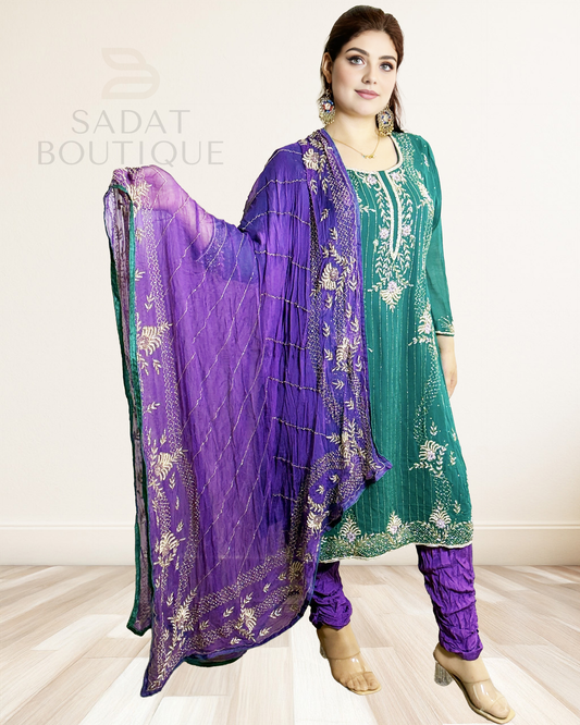 Traditional Dress – Emerald Green with Purple Dupatta | Sadat Boutique Sadat Boutique