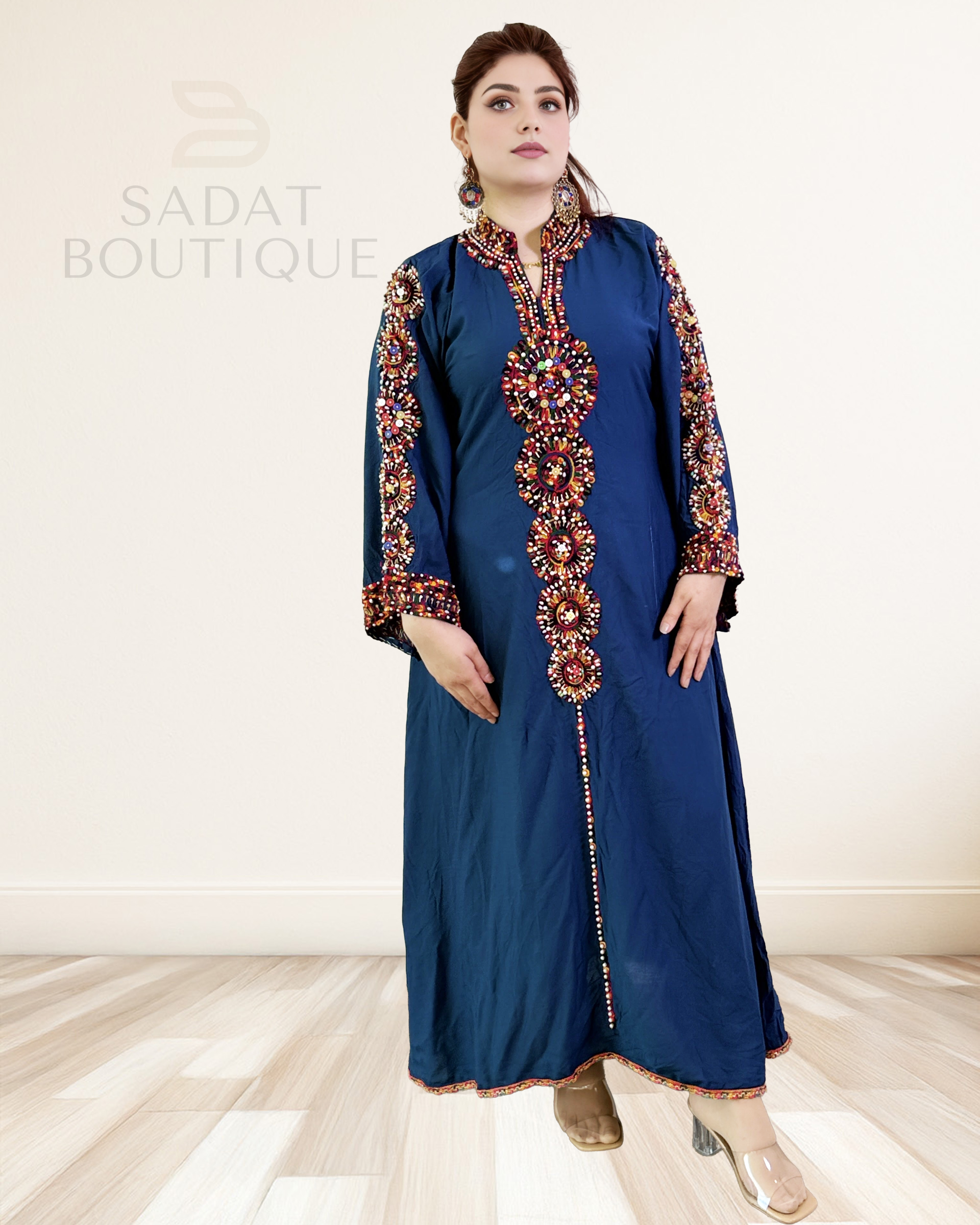 Traditional Dress – Navy Blue with Geometric Embroidery | Sadat Boutique Sadat Boutique