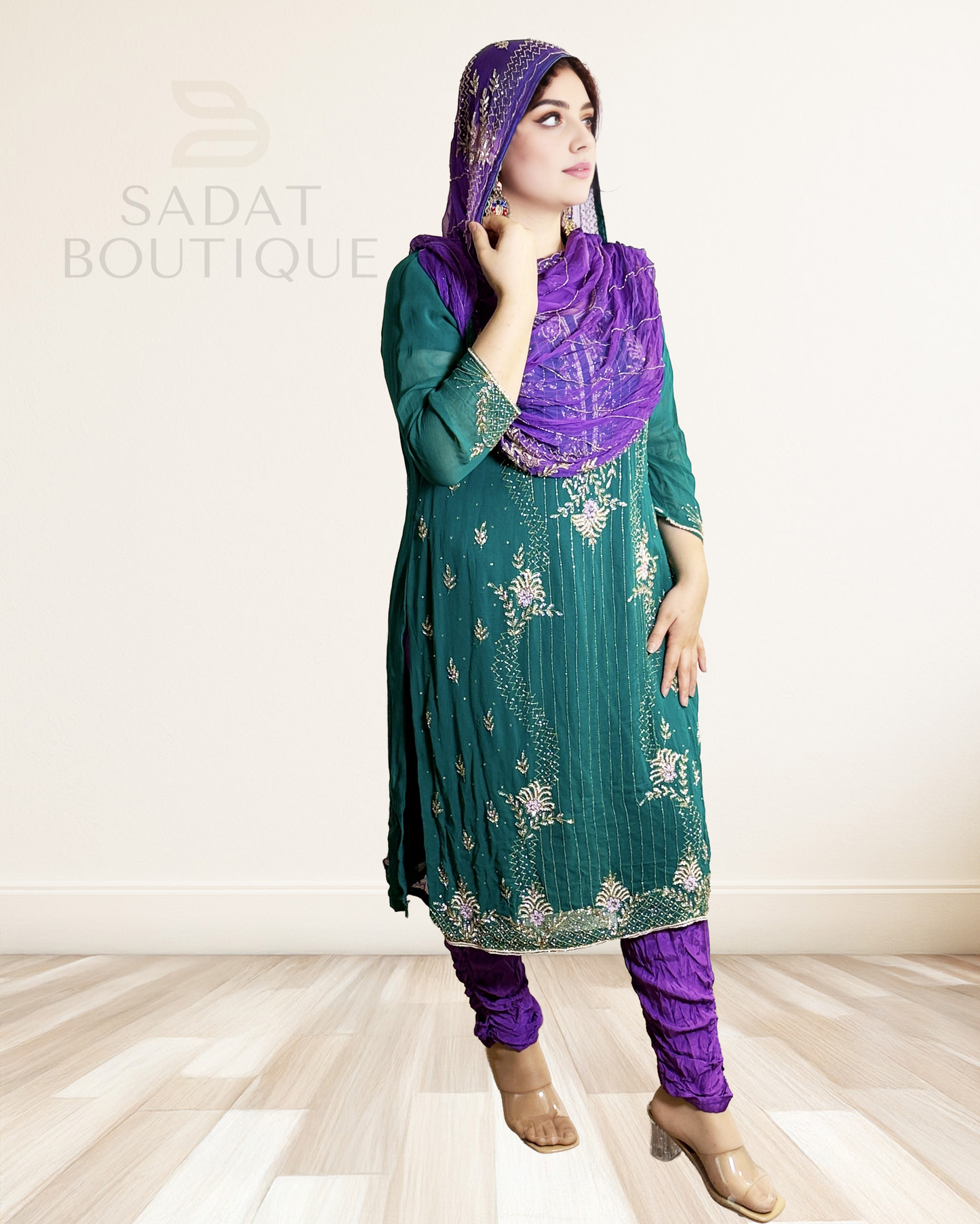 Traditional Dress – Emerald Green with Purple Dupatta | Sadat Boutique Sadat Boutique