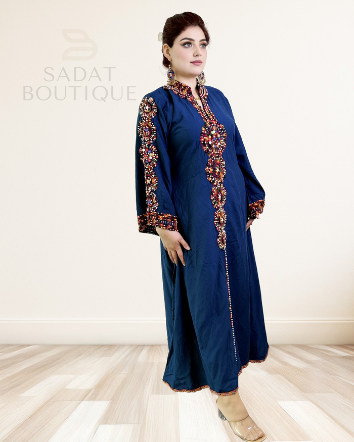 Traditional Dress – Navy Blue with Geometric Embroidery | Sadat Boutique