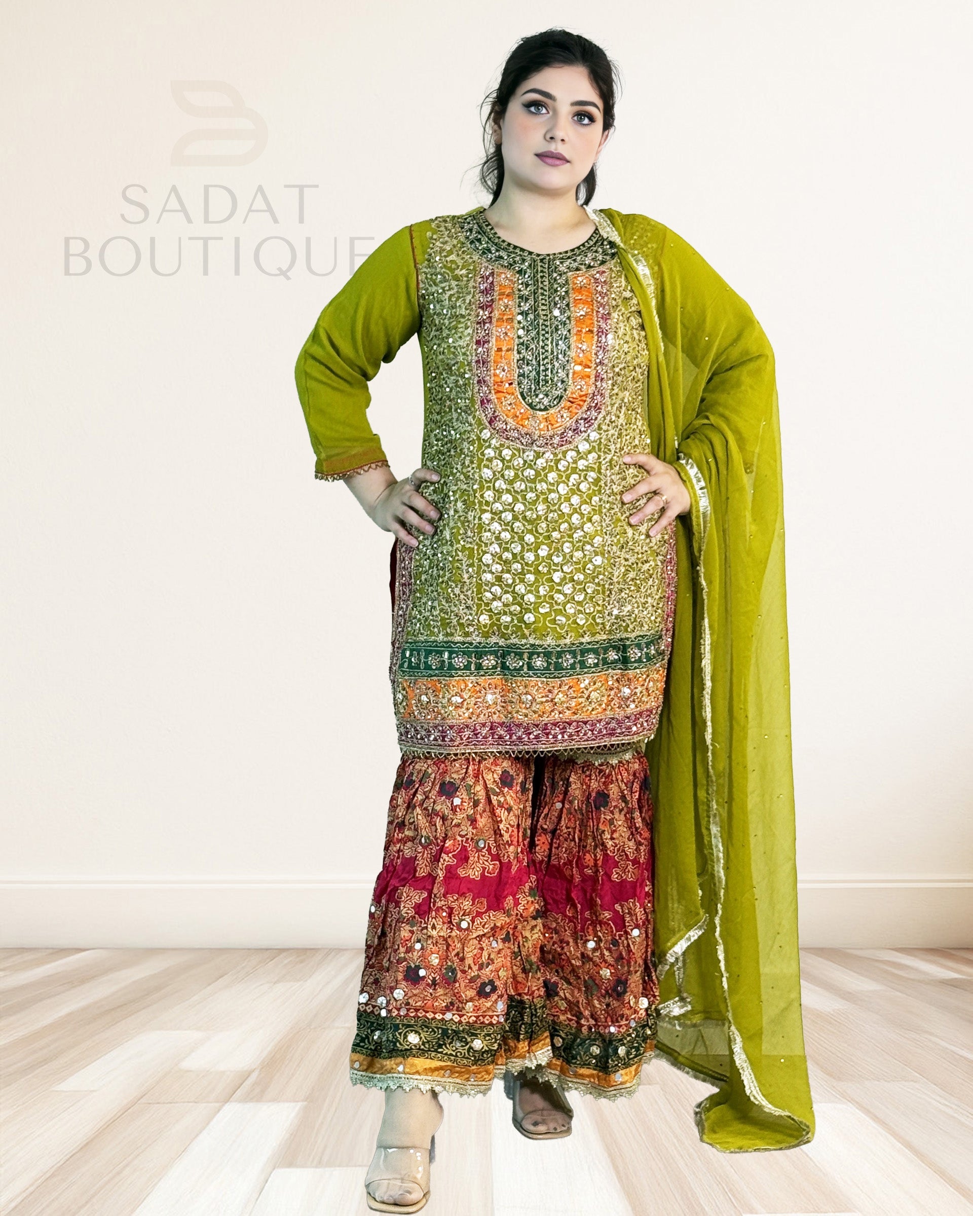 Olive Lime Embroidered Kurti with Sharara & Dupatta – 3-Piece Set Sadat Boutique
