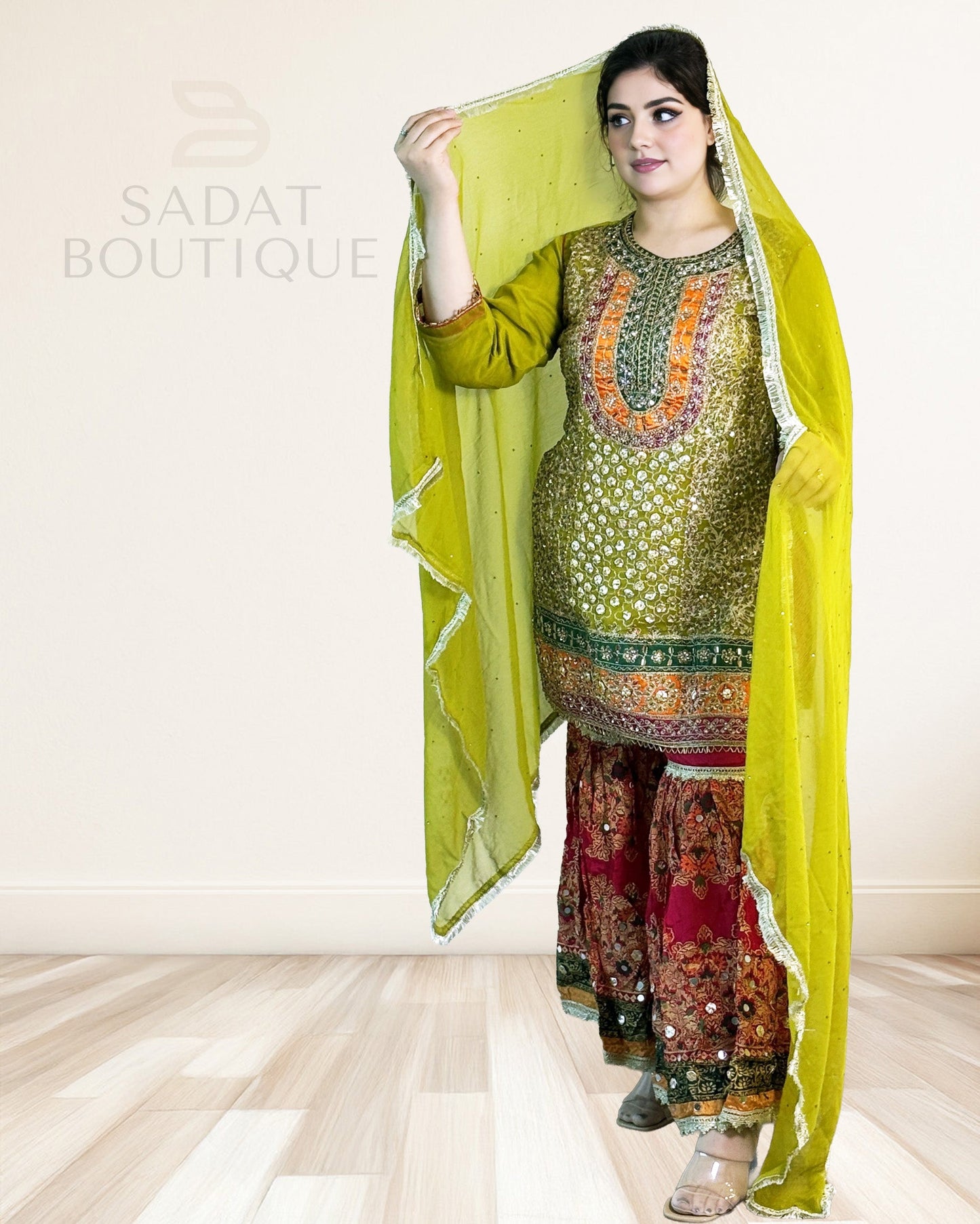 Olive Lime Embroidered Kurti with Sharara & Dupatta – 3-Piece Set Sadat Boutique