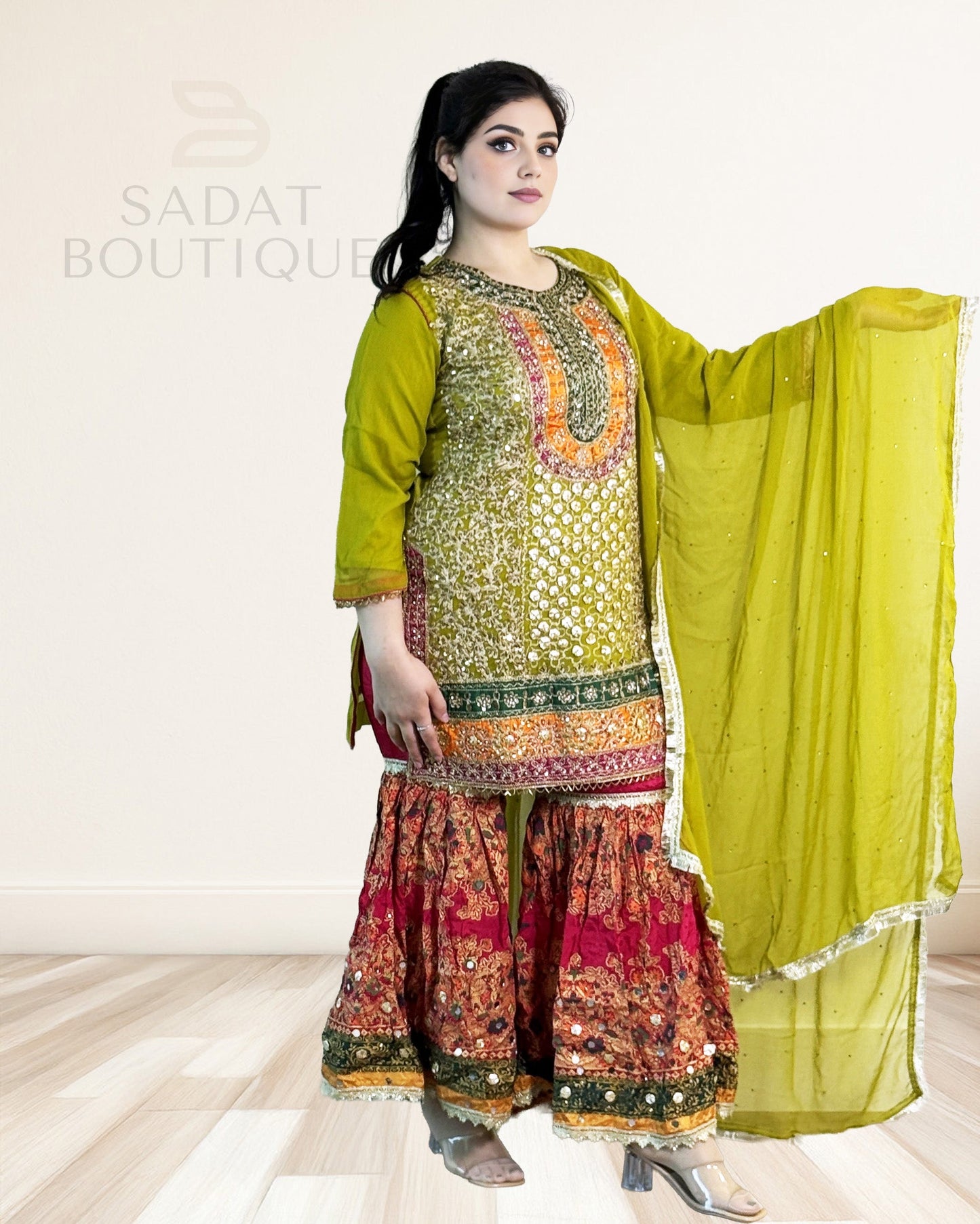 Olive Lime Embroidered Kurti with Sharara & Dupatta – 3-Piece Set Sadat Boutique