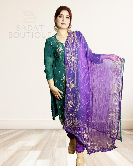 Traditional Dress – Emerald Green with Purple Dupatta | Sadat Boutique Sadat Boutique